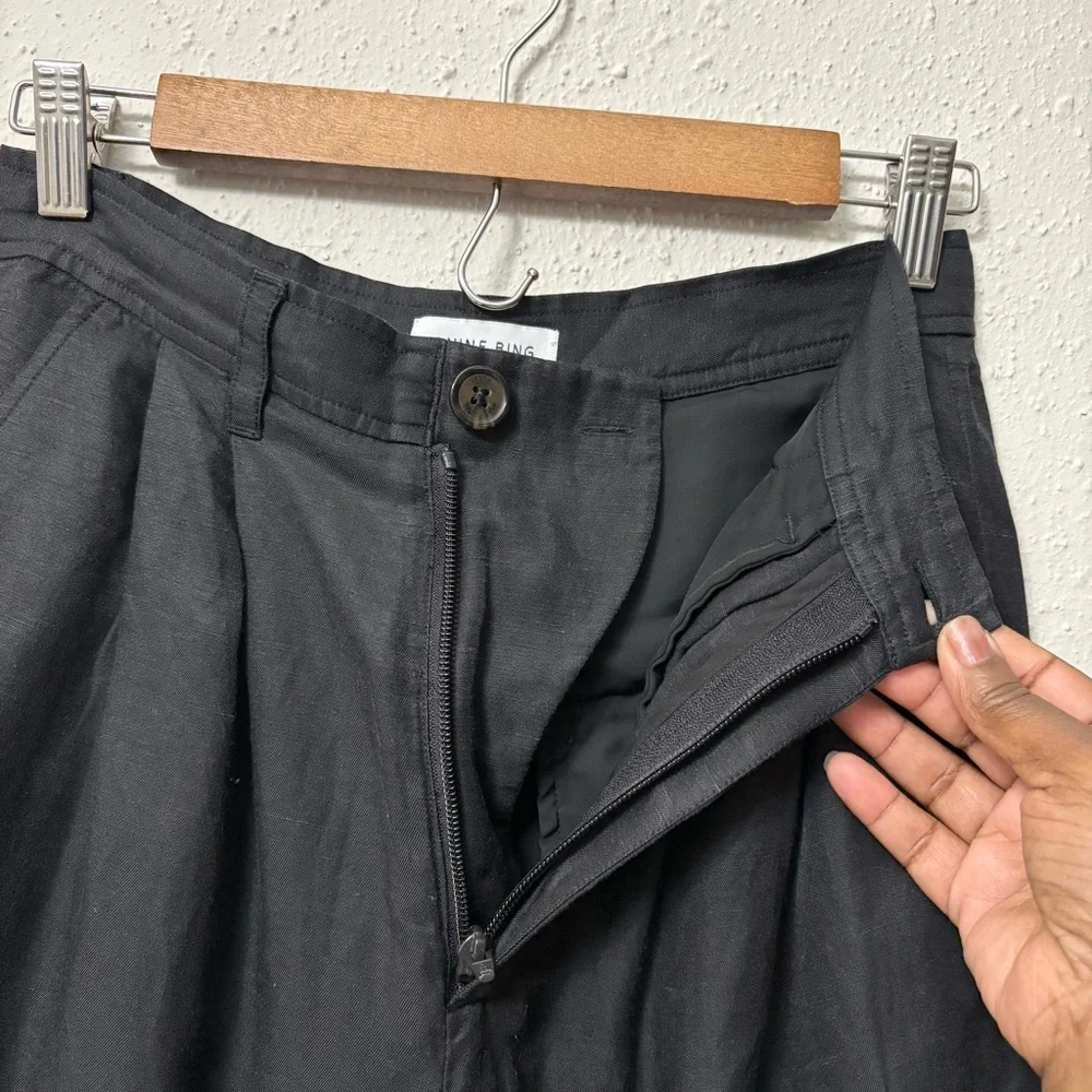 Anine Bing Carrie Pants Black Pleated Front Linen Blend, Size 34 (US Size 4)